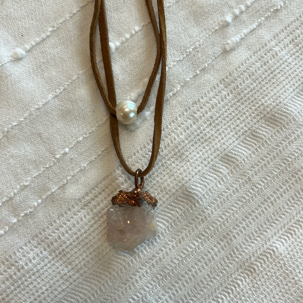 EUC women’s necklace with leader cord, crystal, and saltwater pearl.  18” long